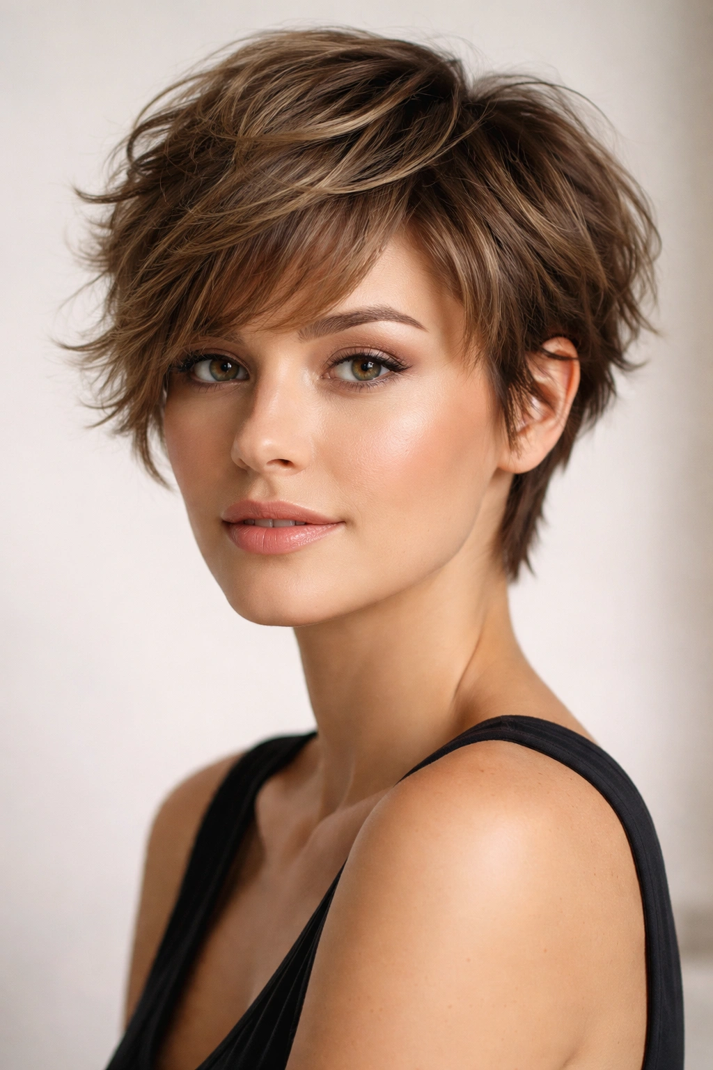 Head-and-shoulders shot of a short layered crop with soft texture and movement