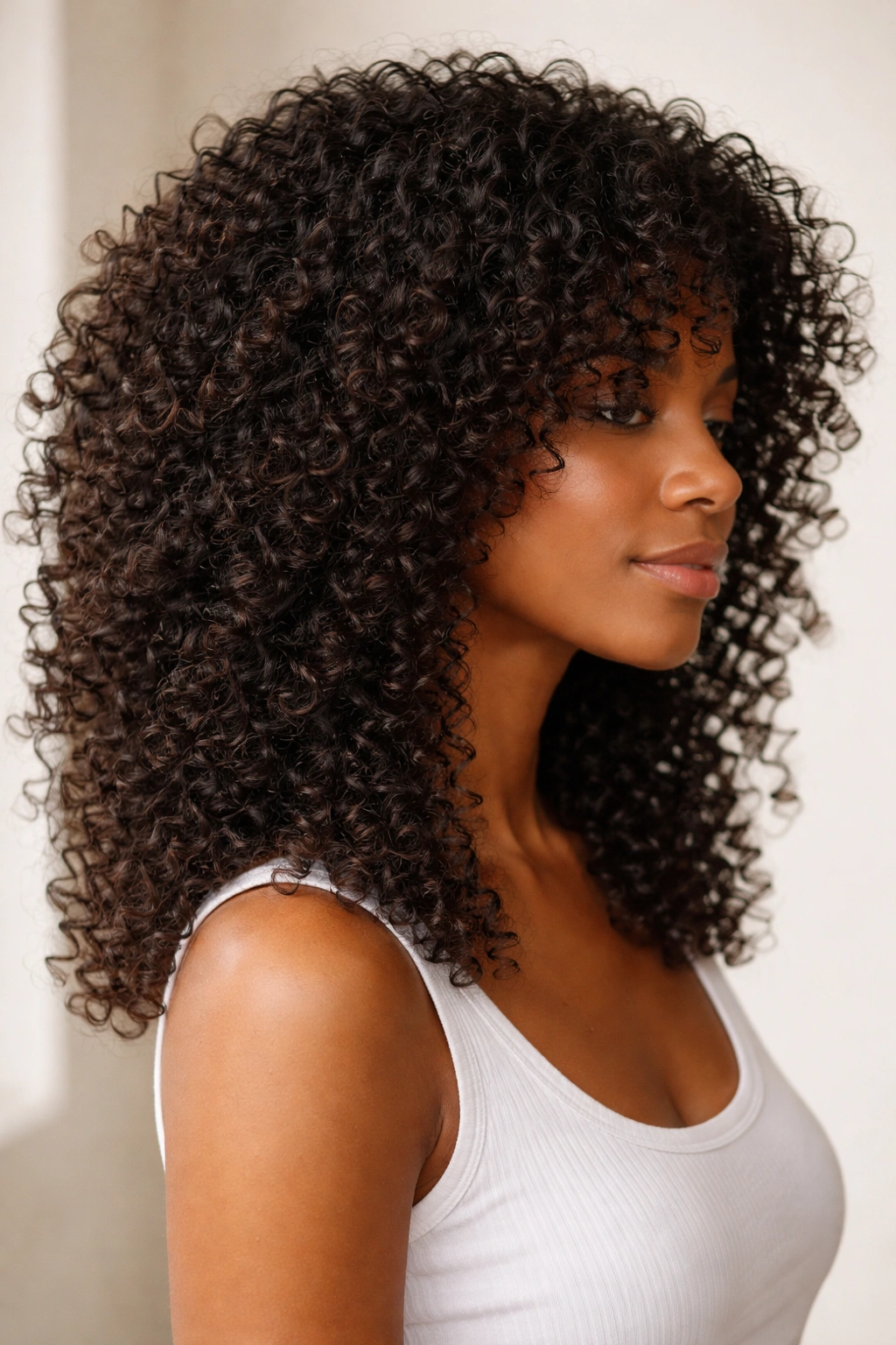 Close-up of coily hair with blended layered texture and defined curls