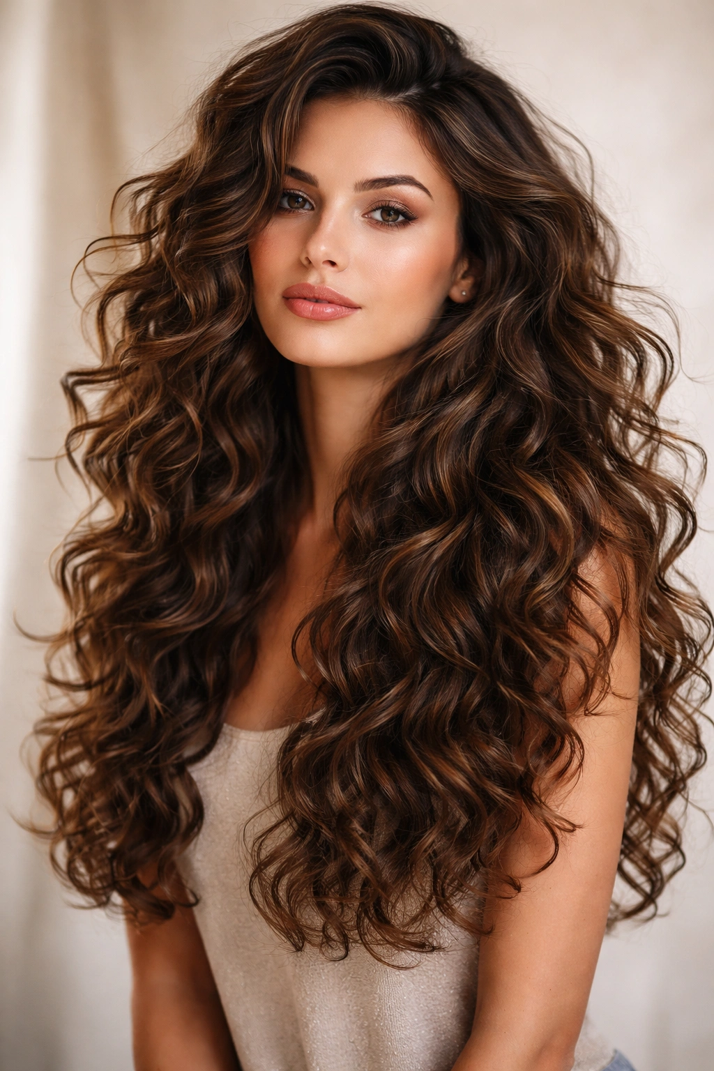 Close-up of long layered curls with movement and volume in natural light