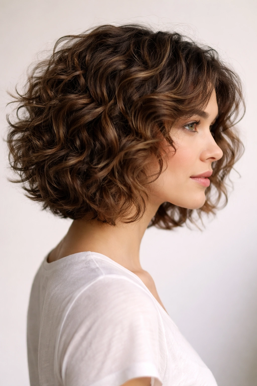 Layered curly bob with feathered layers and visible crown movement.