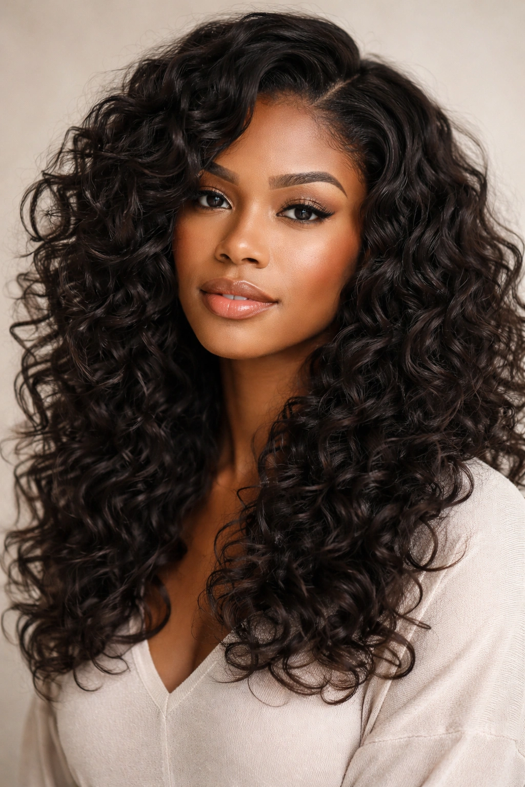 Layered curly weave with face-framing layers and varied curl lengths