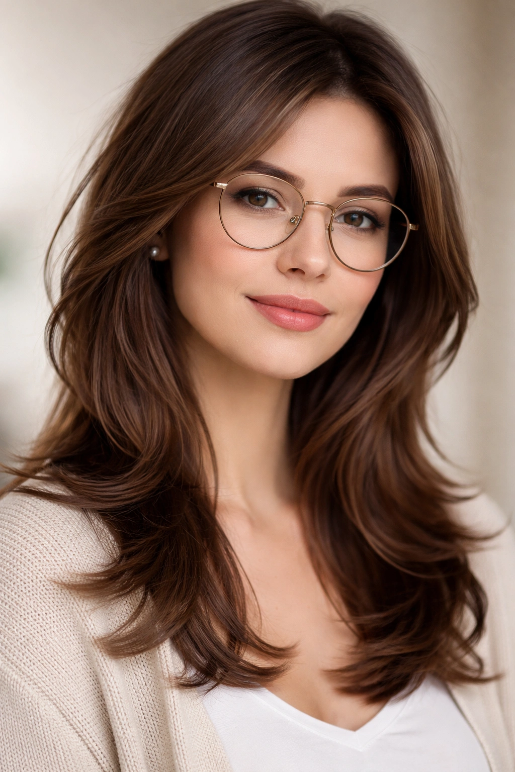 Portrait of a model with layered hair demonstrating face-shape adaptation