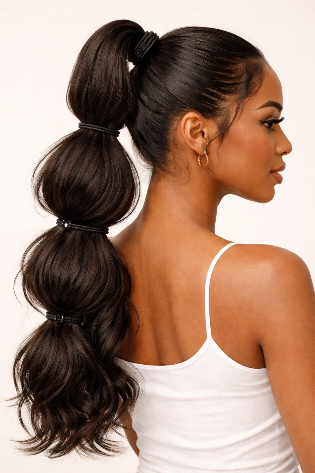 Mid-back length ponytail with multiple visible drawstring ties creating layered segments.