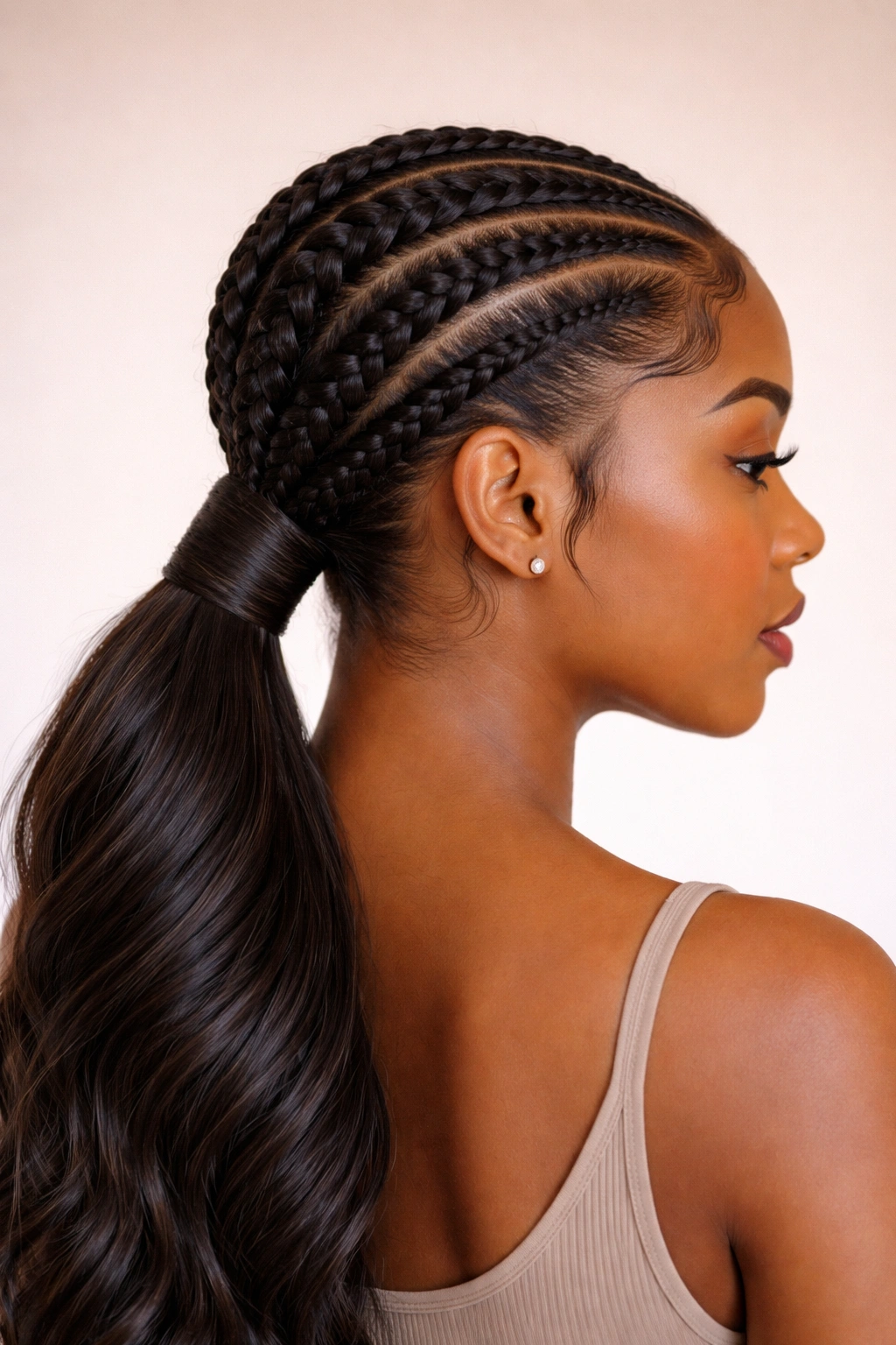 Layered feed-in braids feeding into a low ponytail with wrapped edges