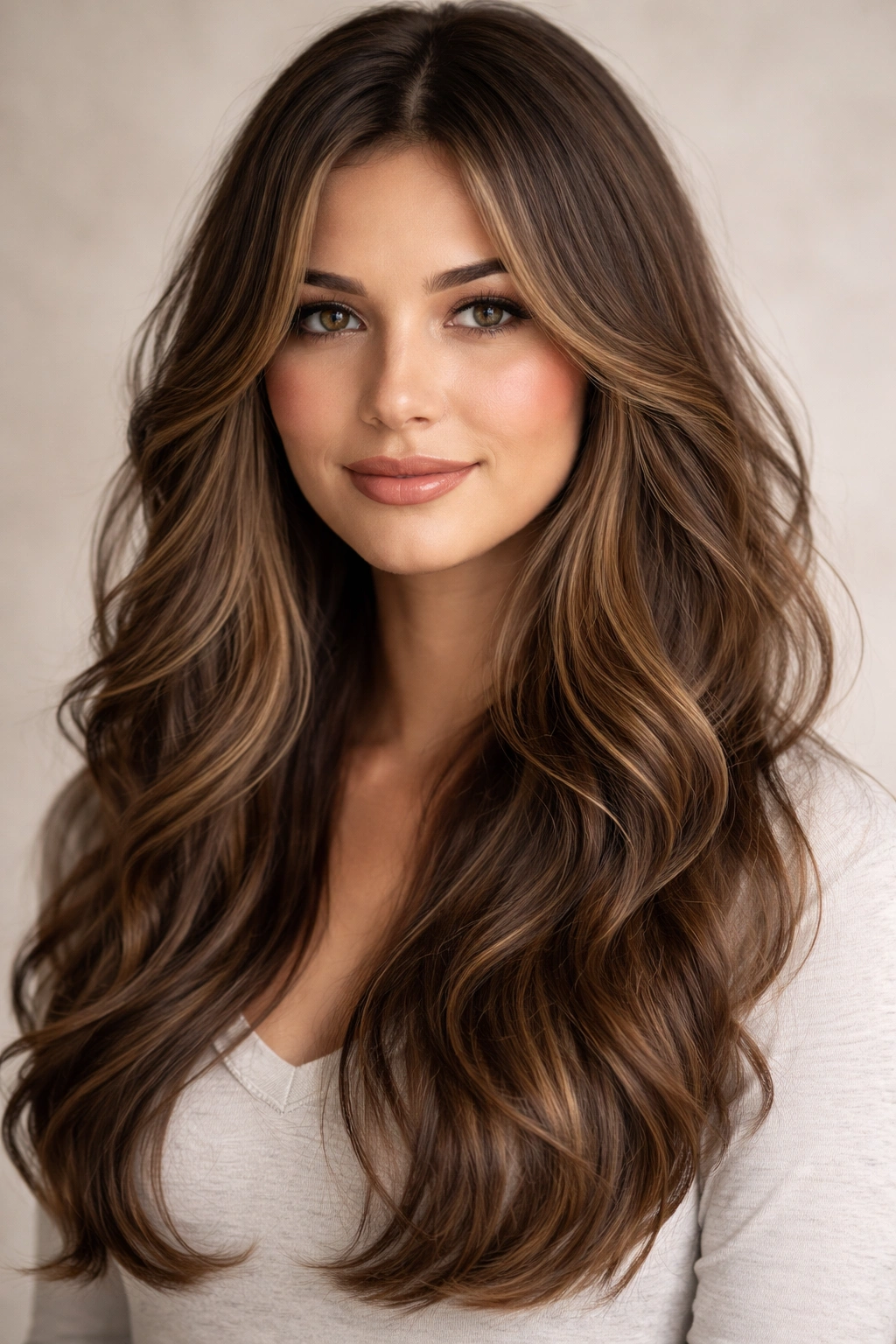 Close-up of long textured layered hairstyle with face-framing pieces and defined waves