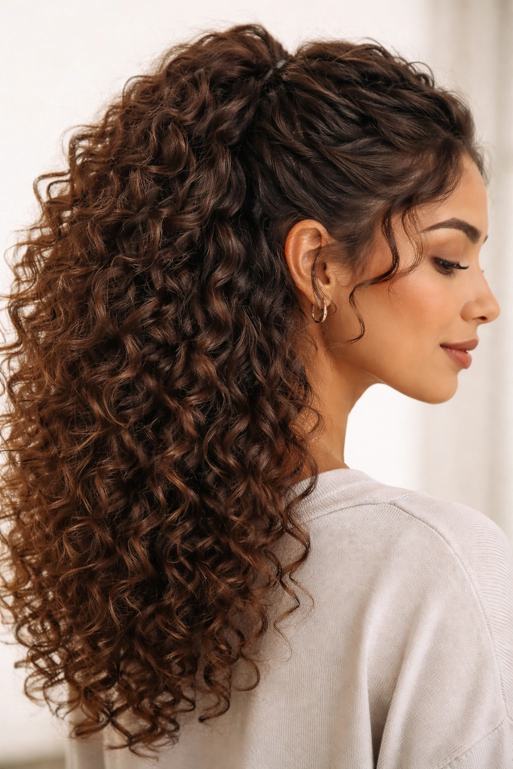 Layered Half-Pony hairstyle on curly hair showing layered crown sections and dimensional curls