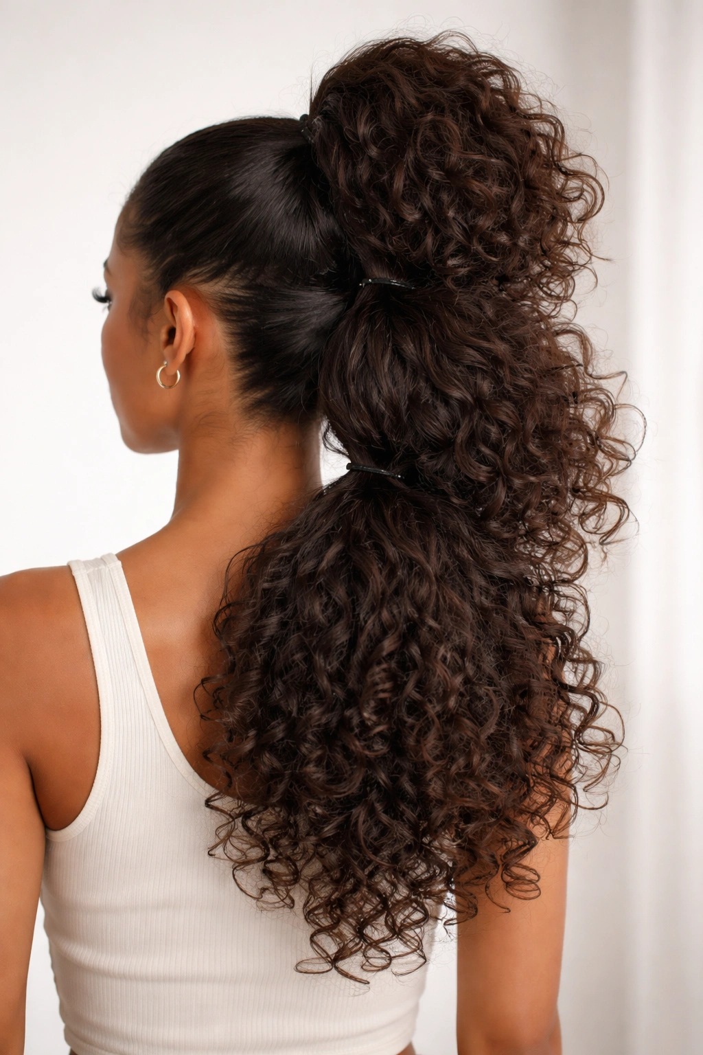 Back view of layered high weave ponytail with multiple ponytails at different heights