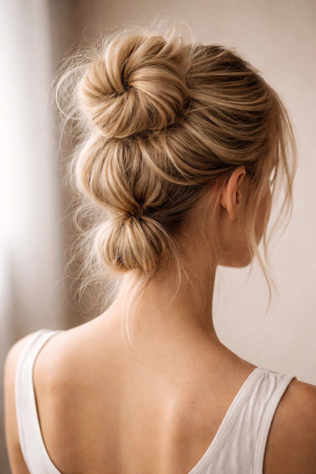 Two distinct buns layered on fine hair creating illusion of fullness