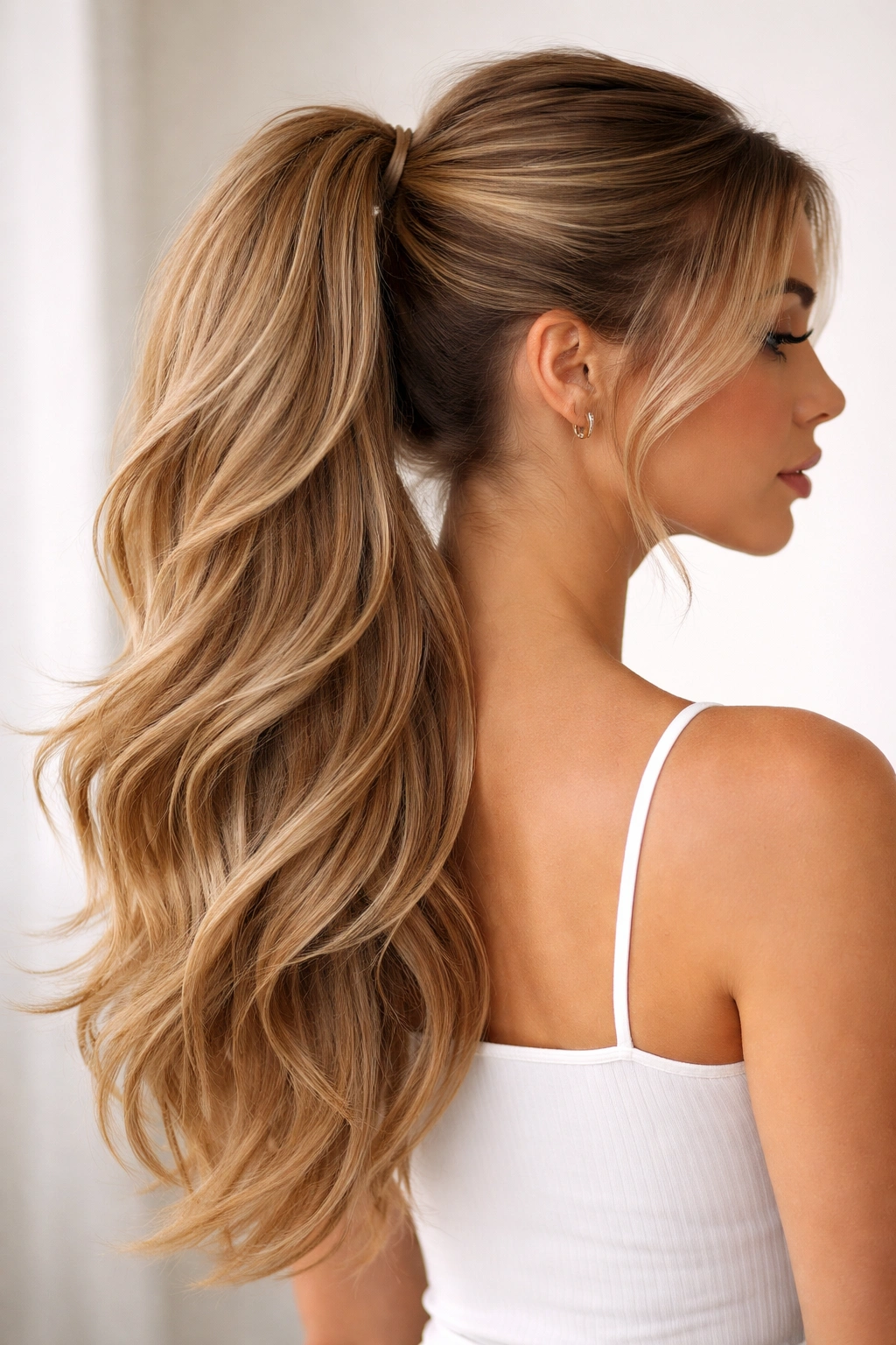 Layered length ponytail with textured fullness and movement