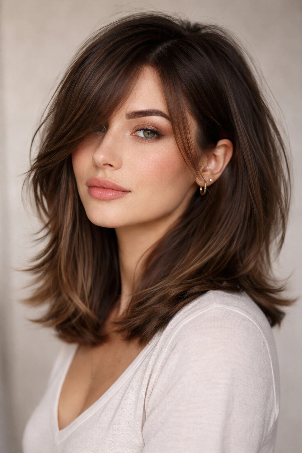 Shoulder-length layered lob with soft layers and concealed undercut