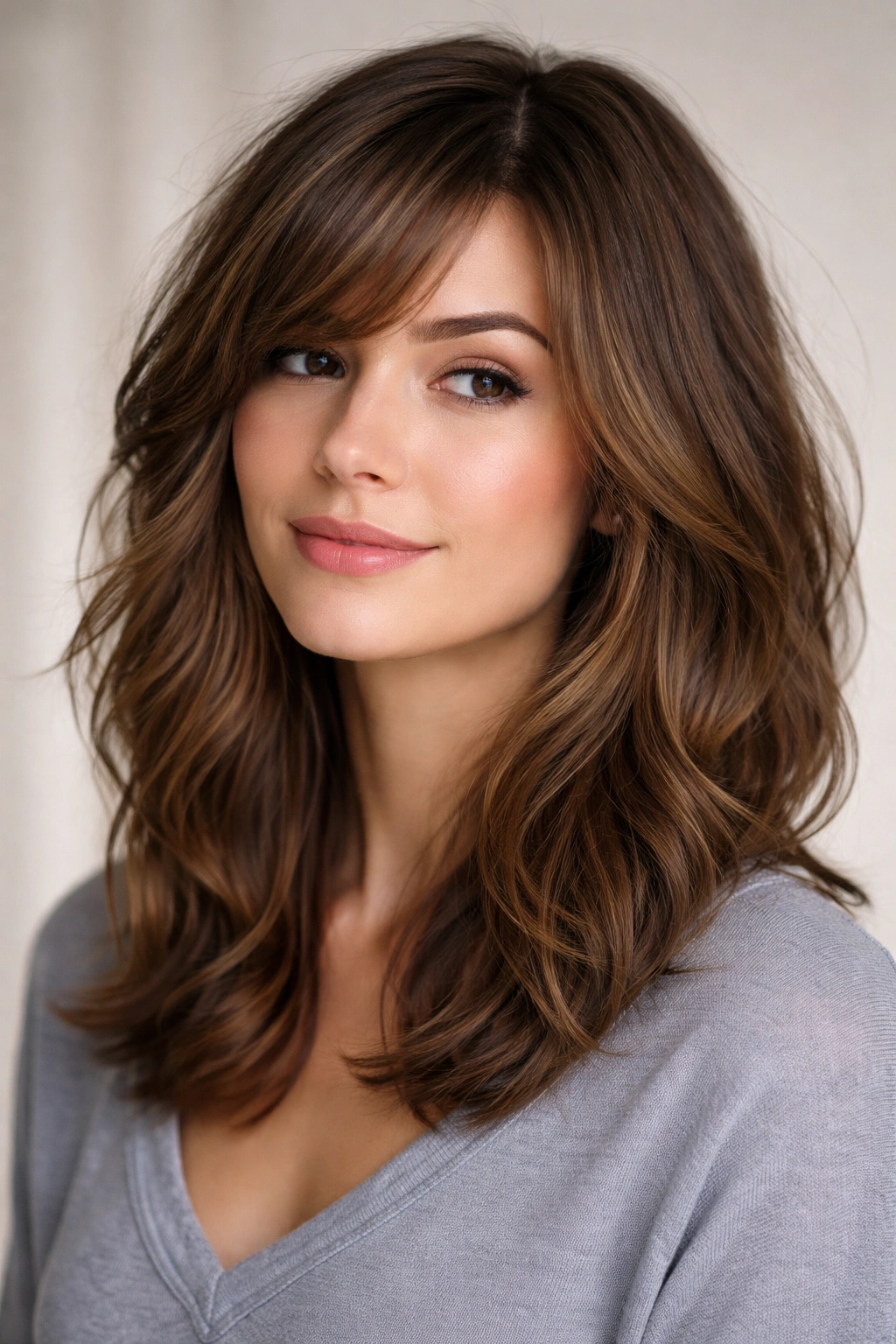 Layered lob with sideswept bangs on wavy hair