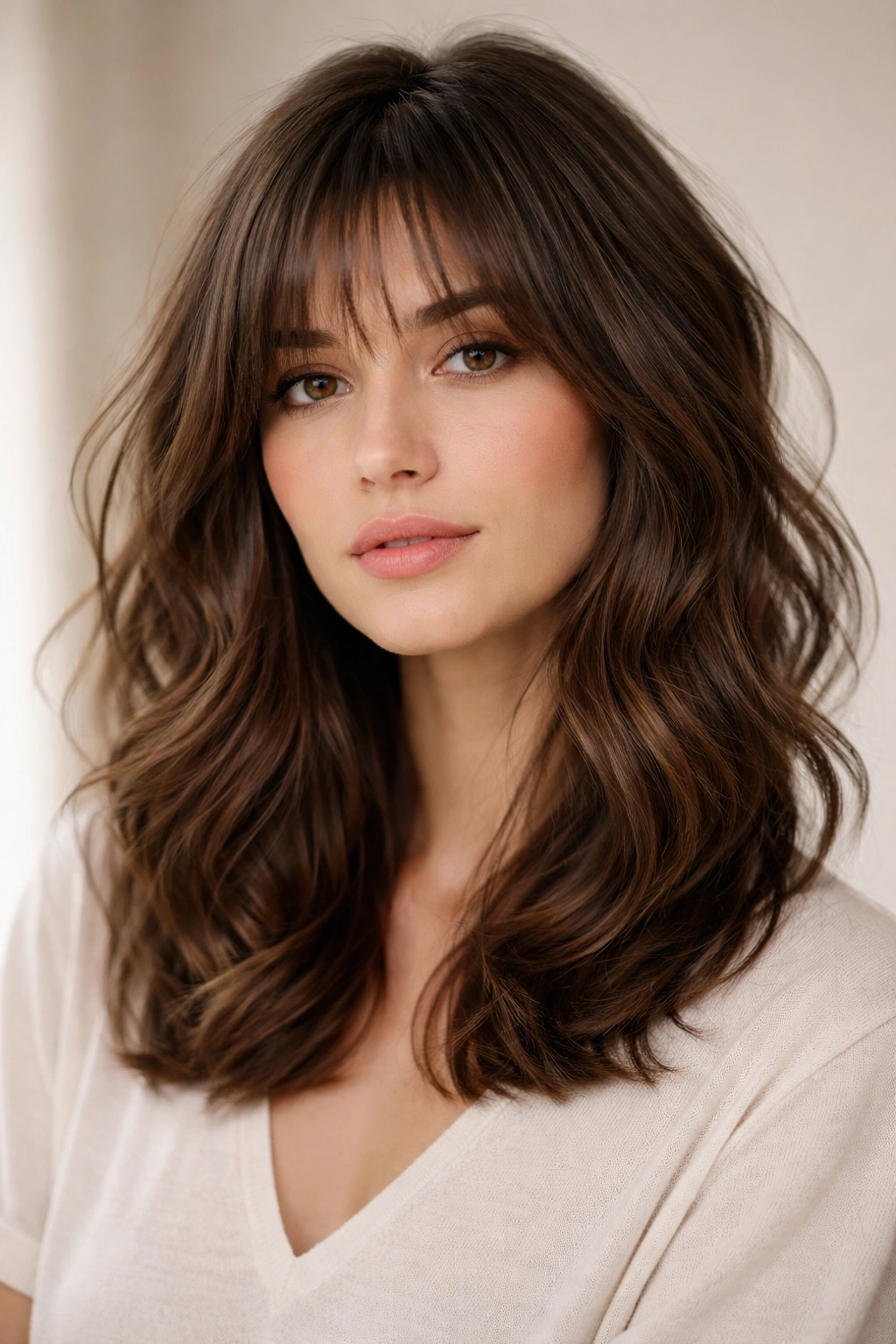 Medium-length layered lob with wispy soft bangs framing the face.