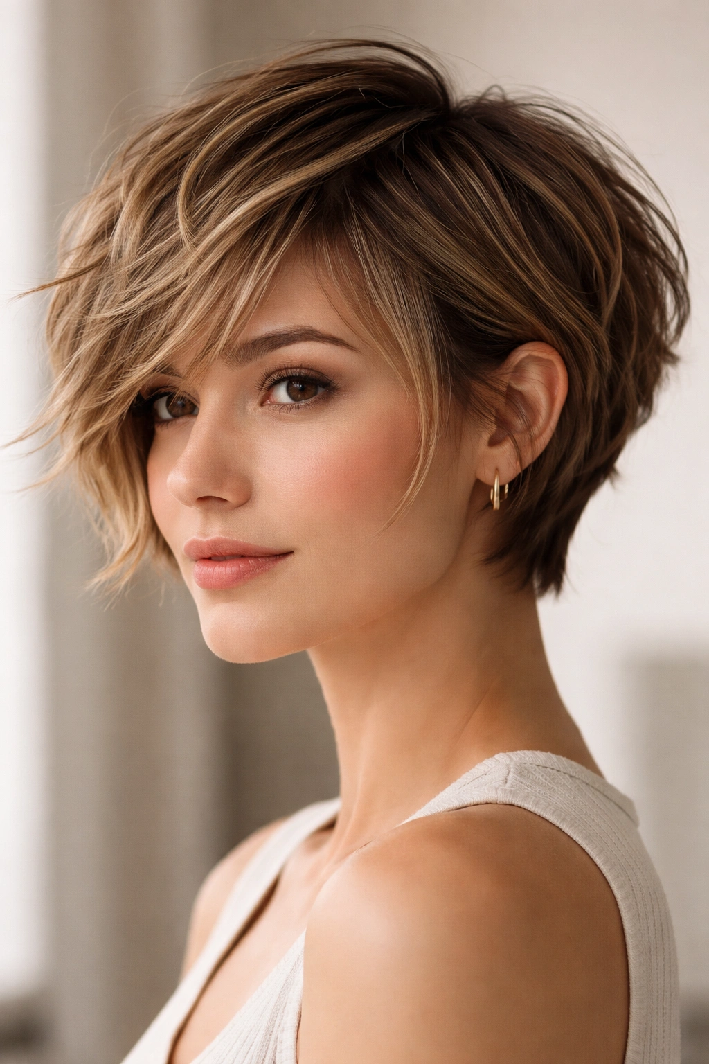 Close-up of layered pixie bob hairstyle with texture and movement