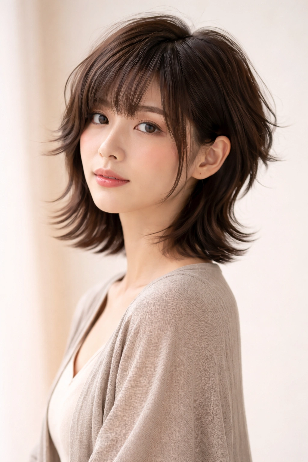 Portrait of layered pixie hime hairstyle with long sidelocks and very short back