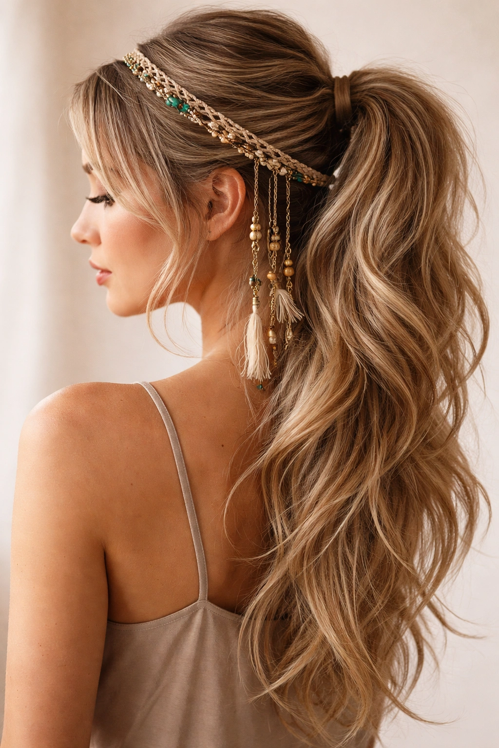 Close-up of a long layered ponytail with a bohemian headband