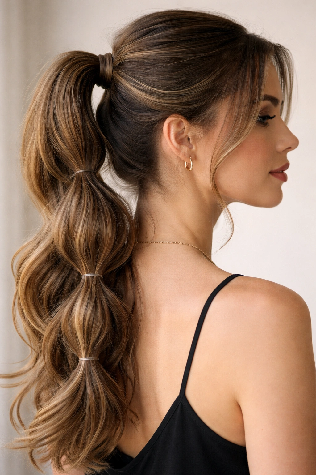 Layered ponytail with multiple elastics creating stacked segments