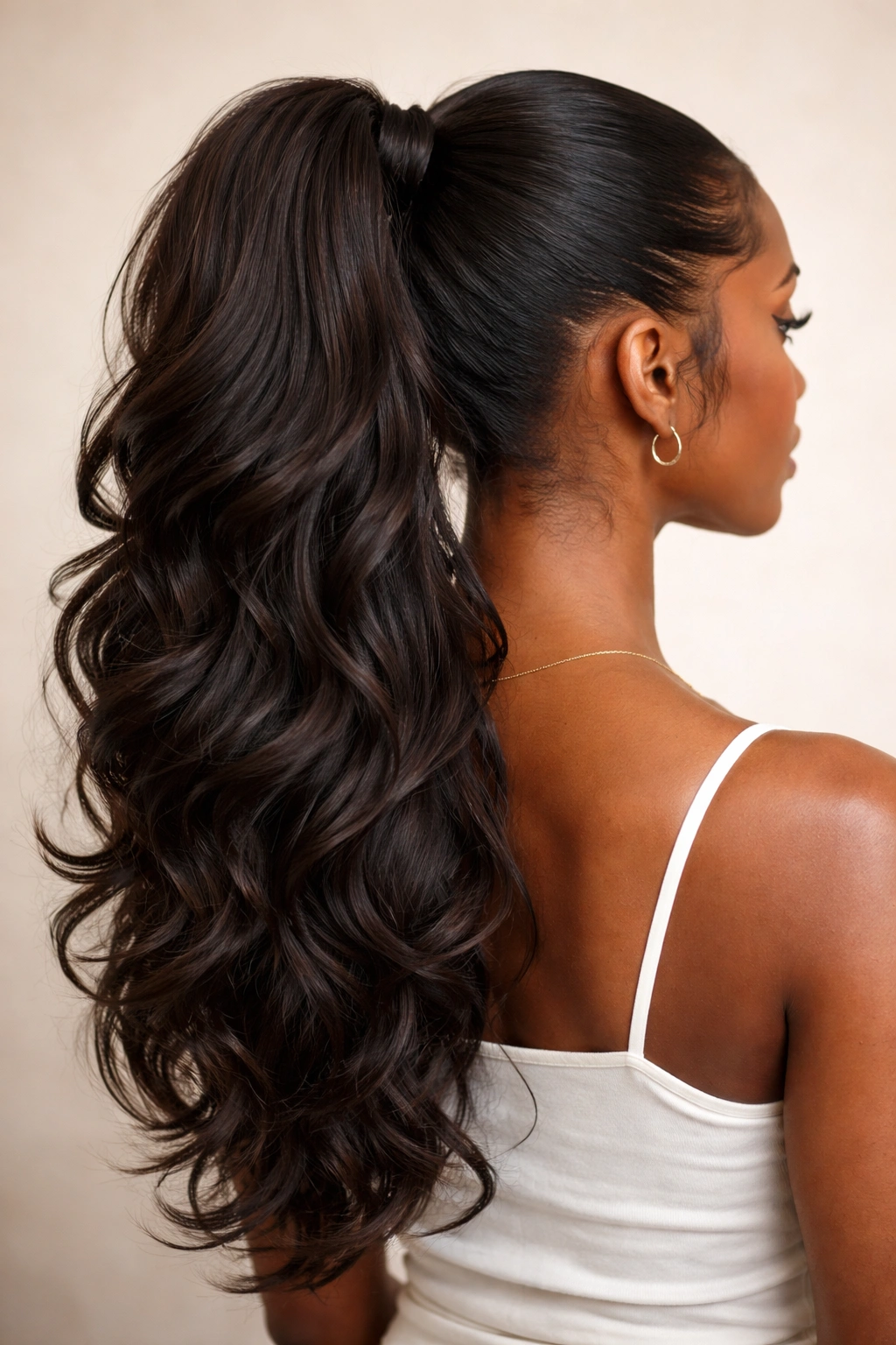 High ponytail with layered lengths and textured strands.