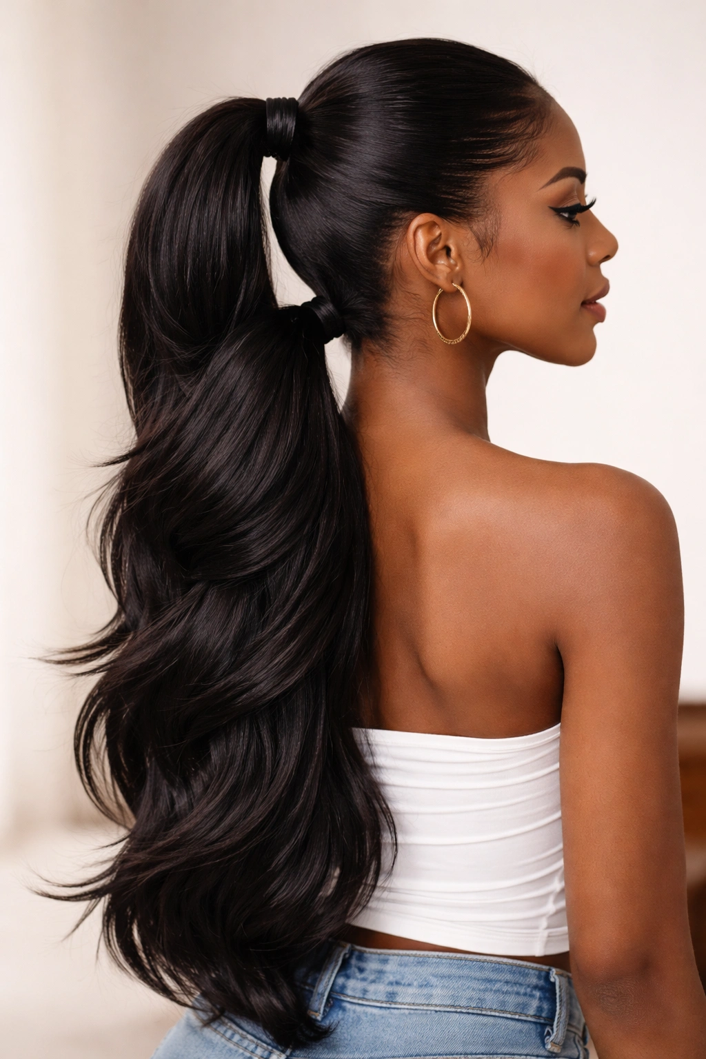 Layered ponytail with multiple tiers cascading down the back