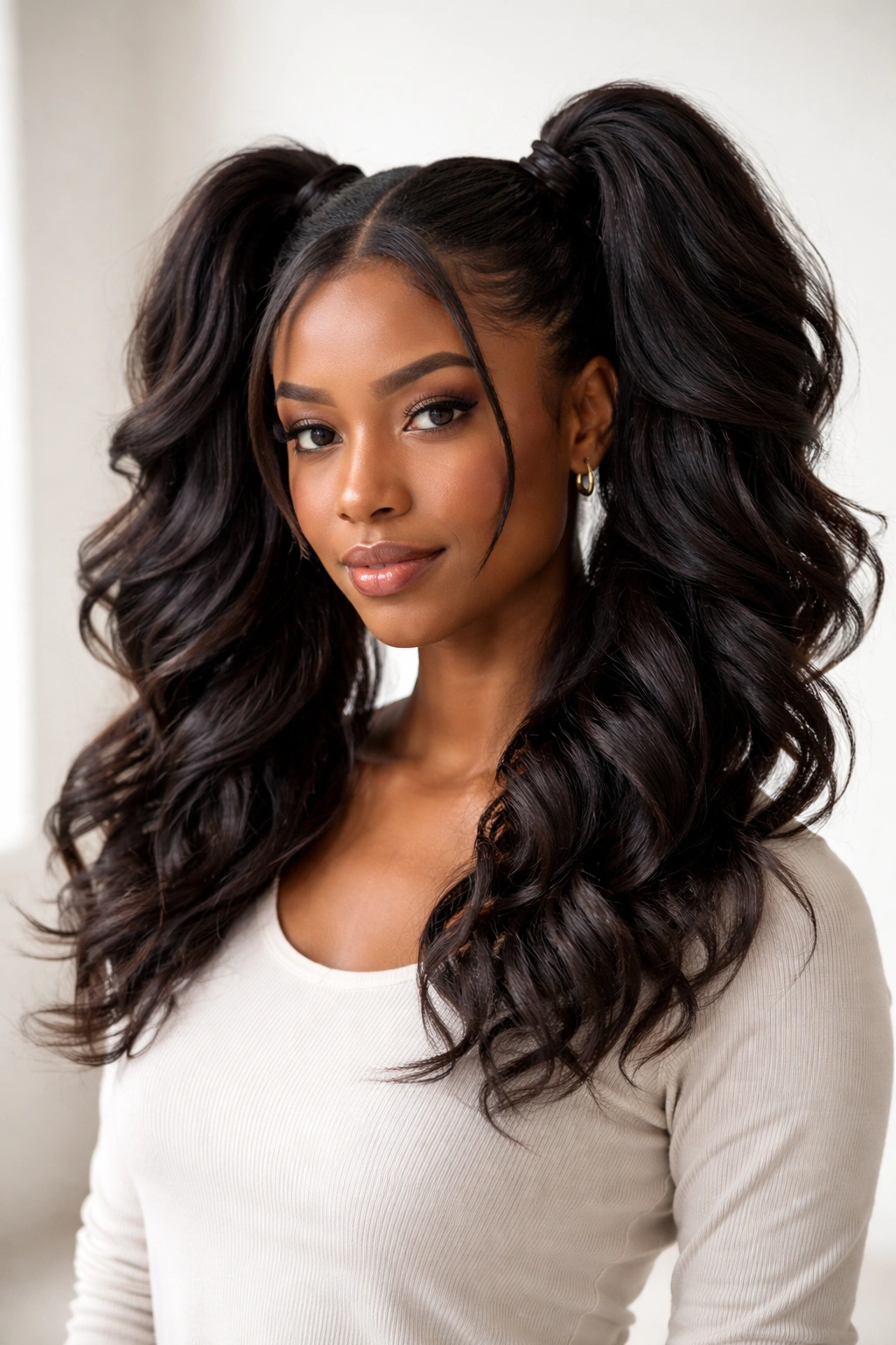 Layered double ponies with textured ends on textured hair