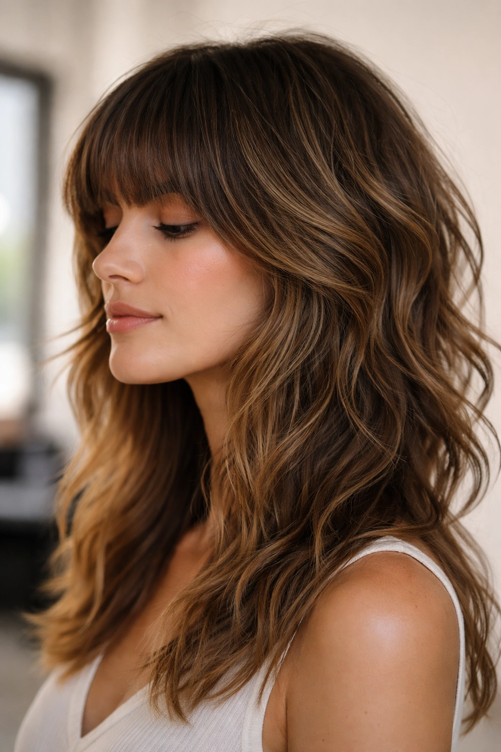 Layered shag hairstyle with full textured bangs