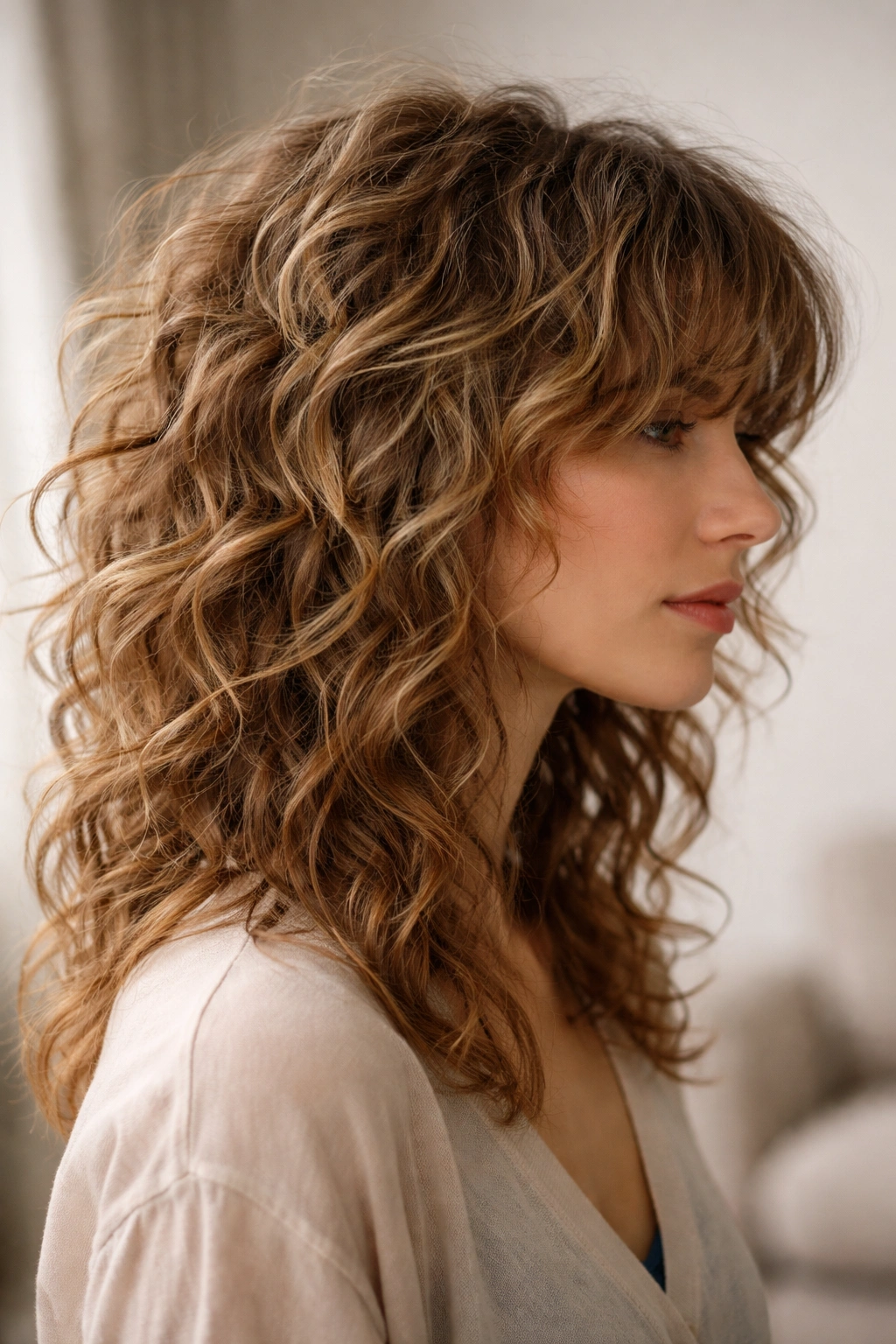 Layered shag curly hair showing varied lengths and texture