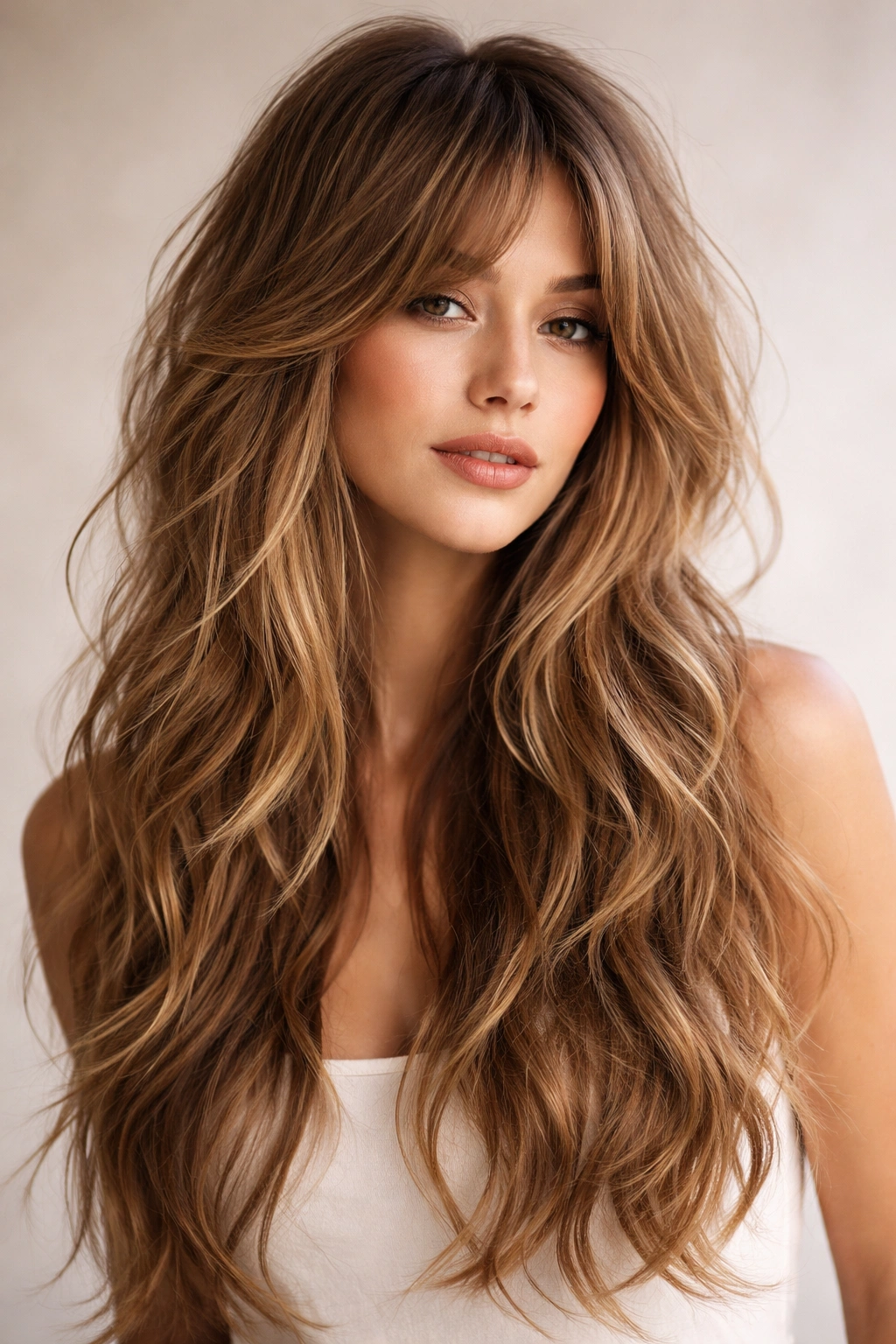 Profile shot of layered shag with long waves and face-framing pieces