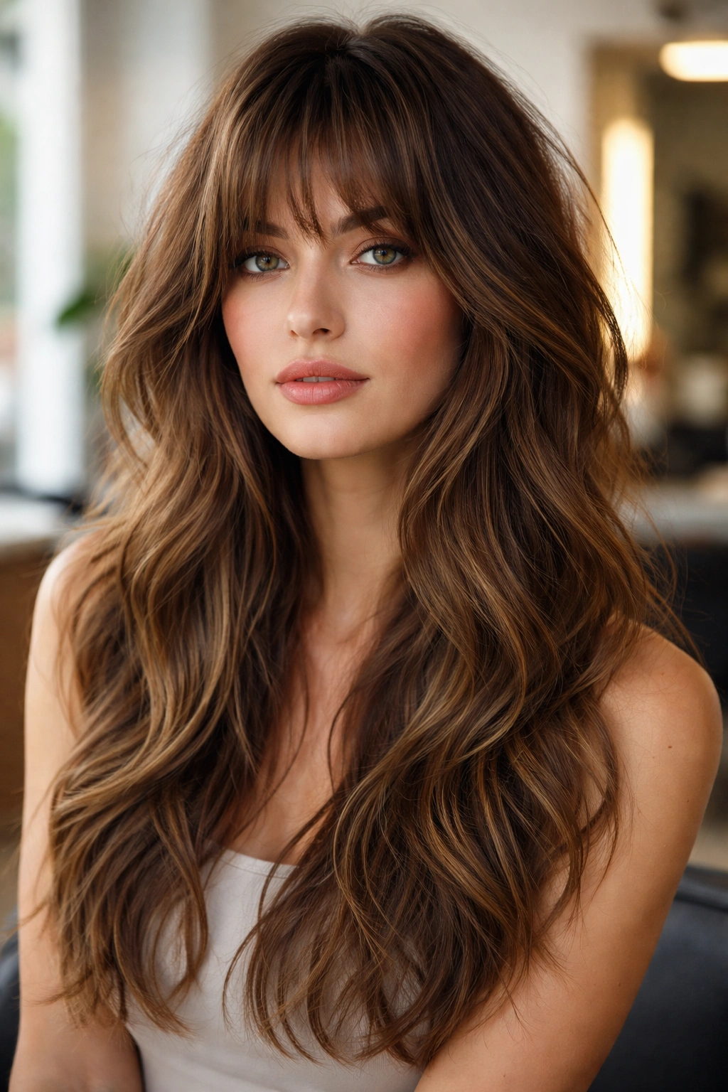 Model with layered shaggy bangs and long layers on wavy hair, creating soft movement and texture.