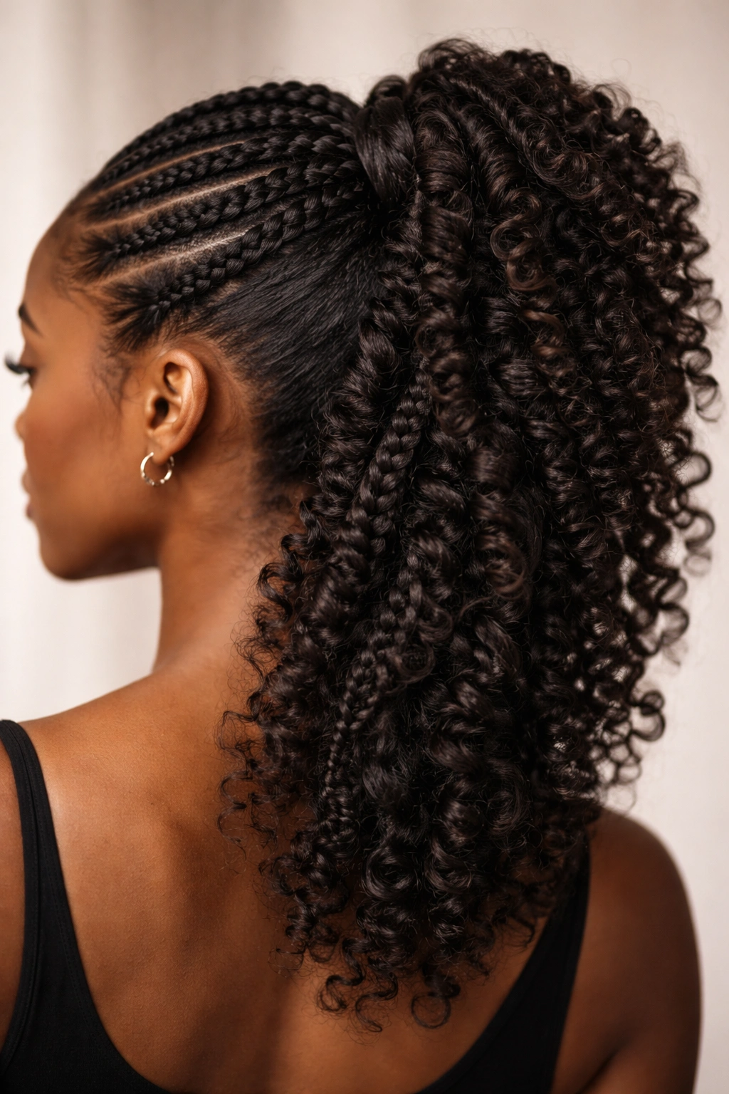 Close-up of layered texture ponytail with twists, braids, and coils in Afro hair