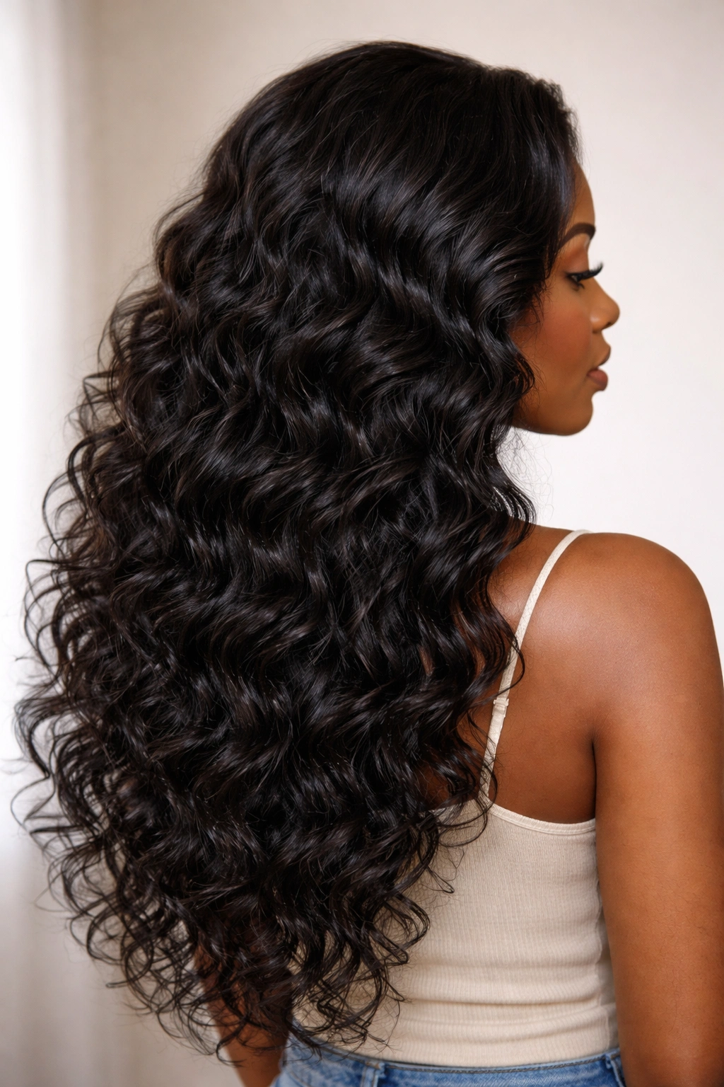 Layered textured deep wave wig with movement and dimension