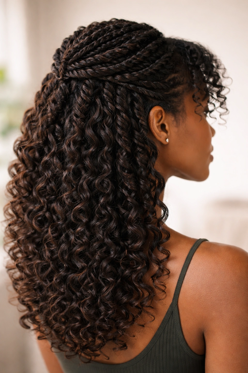 Close-up of layered twist and curl combination hairstyle showing protective twists and loose curls