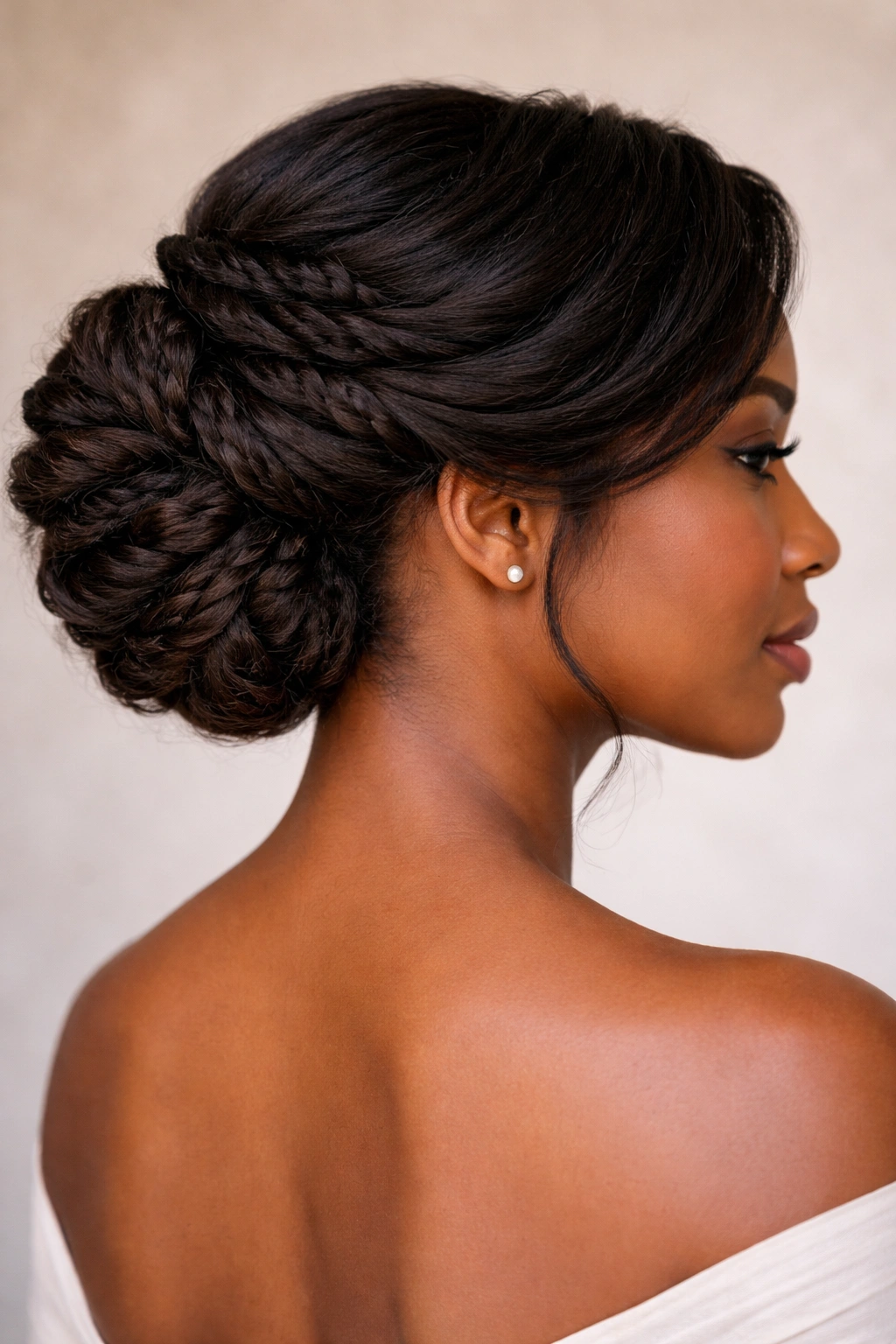 Layered twisted bun with side sweep on Afro hair