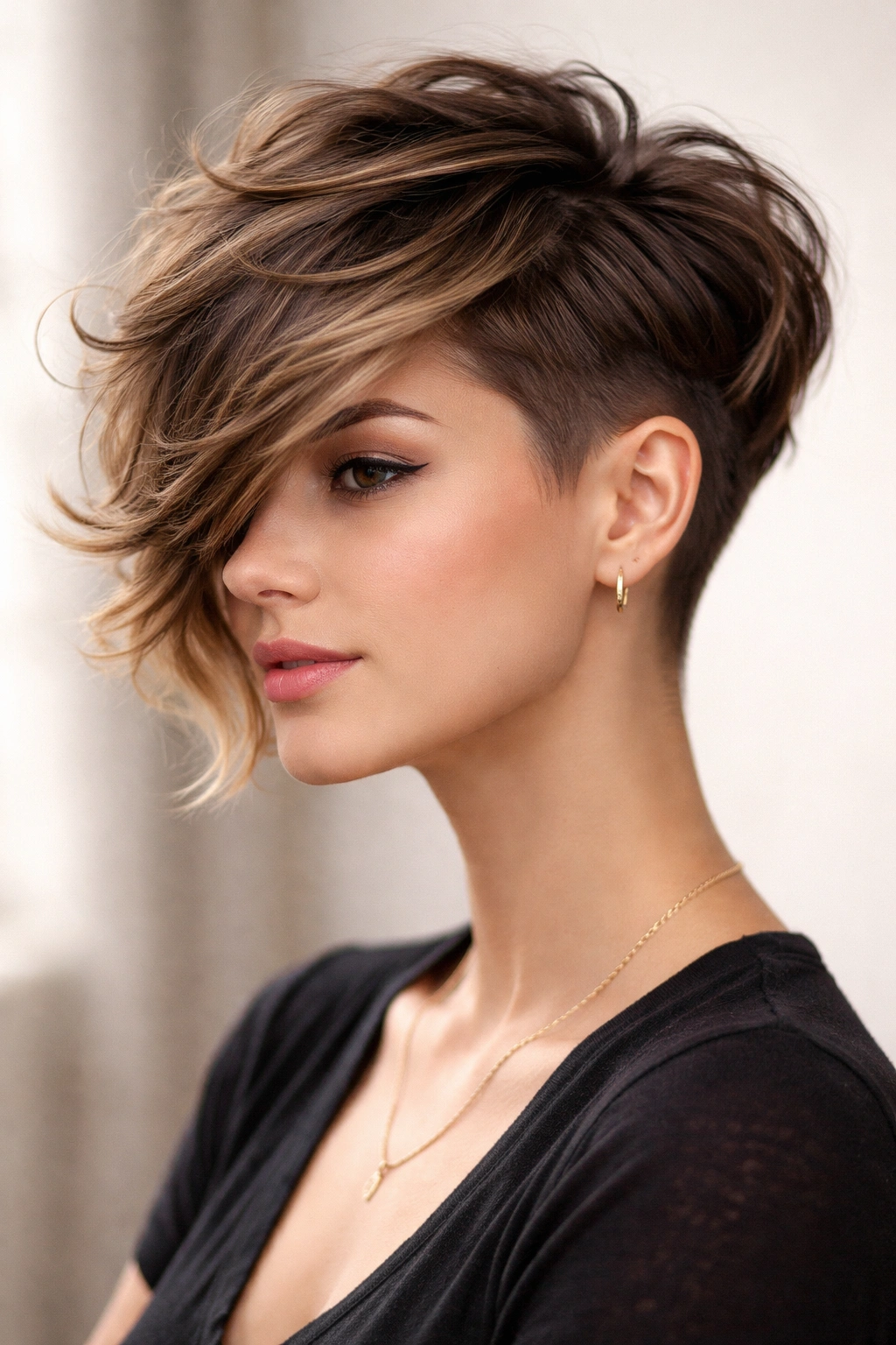Layered undercut with swooping side bangs across a wavy top