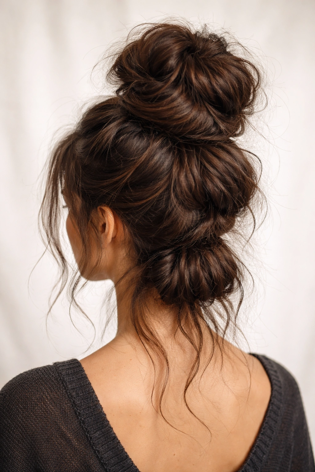Back view of layered volume buns stacked at the crown on thick hair