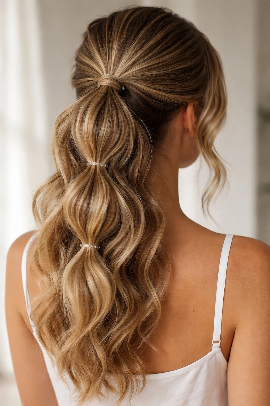 Layered wave ponytail showing multiple elastics and visible volume