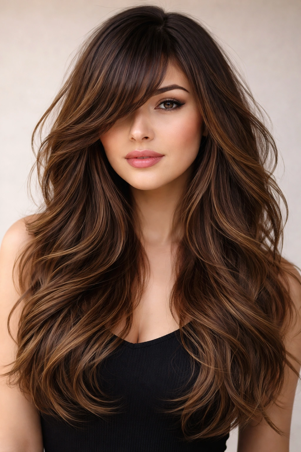 Layered waves with dramatic asymmetrical bangs forming diagonal lines on a round face