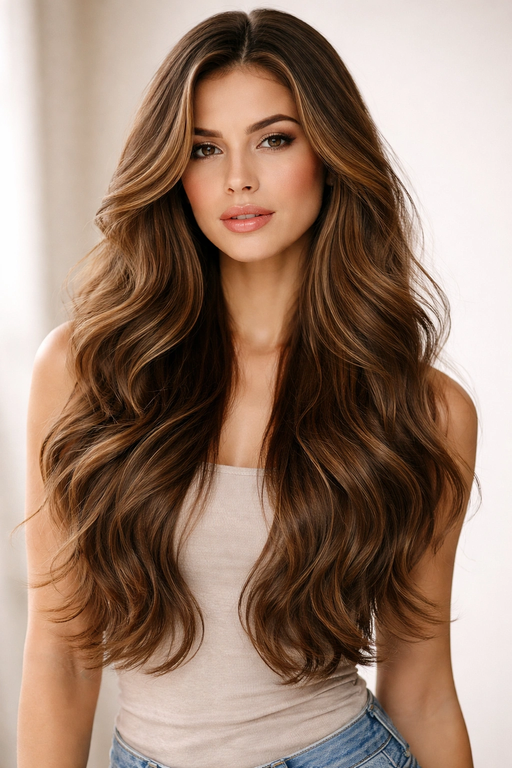 Long wavy hair with cascading layered mid-length to ends