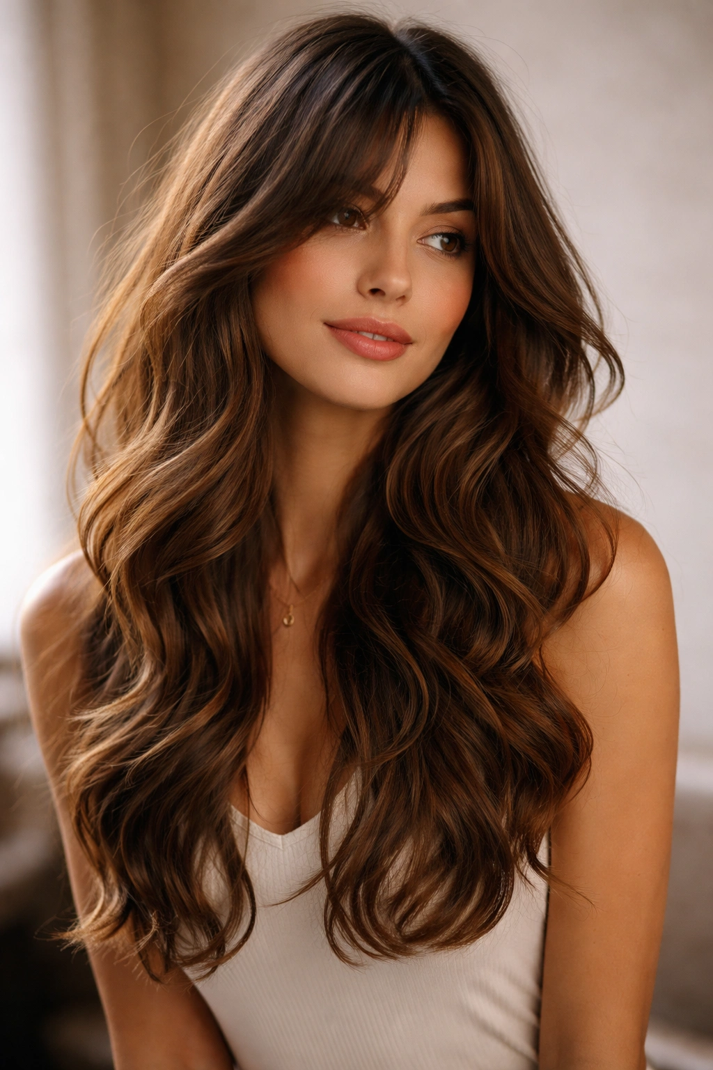 Portrait of layered waves with swept curtain bangs in soft lighting.