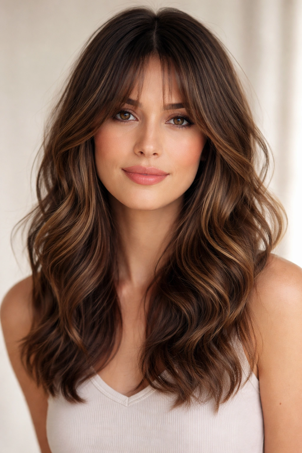 Layered waves with curtain bangs framing the face on a neutral background