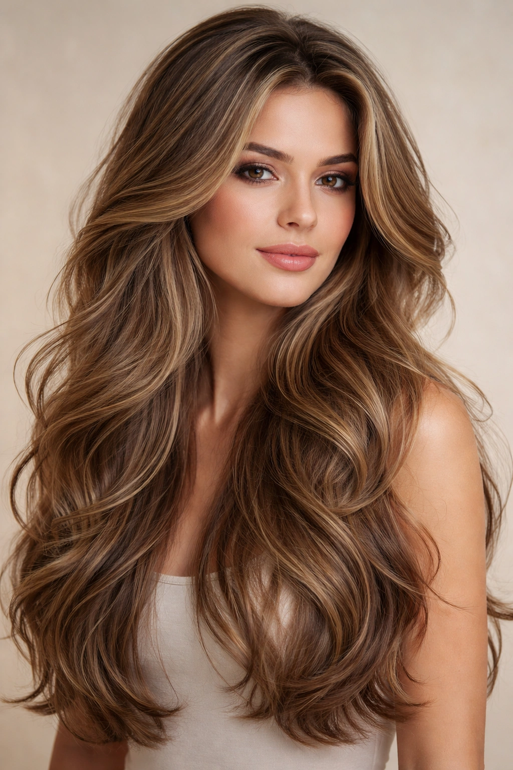 Model's long layered waves with volume captured under soft studio lighting