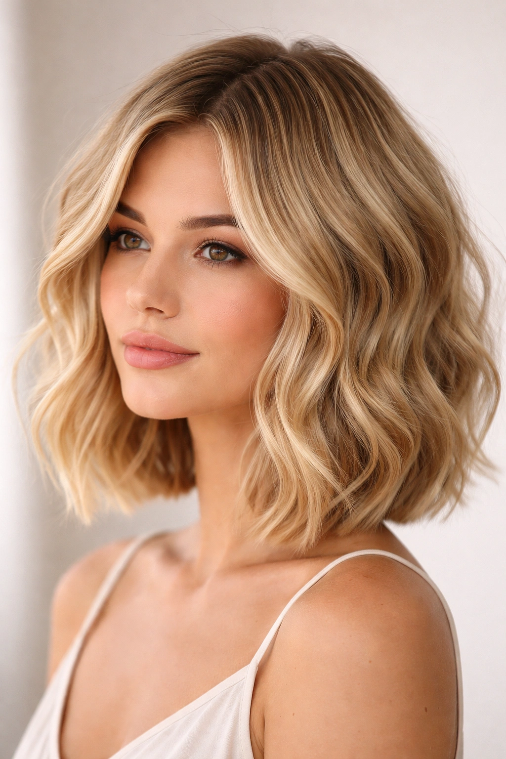 Close-up of layered wavy bob with delicate baby lights in blonde, highlighting texture