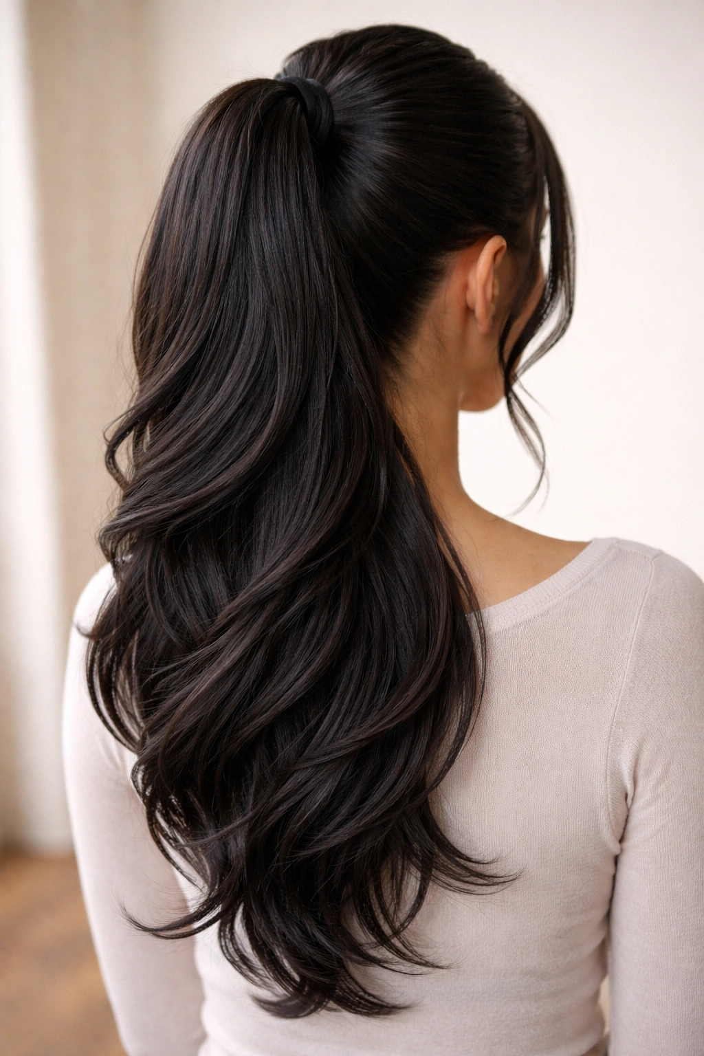 Back view of a layered weave ponytail showing two tiers and depth