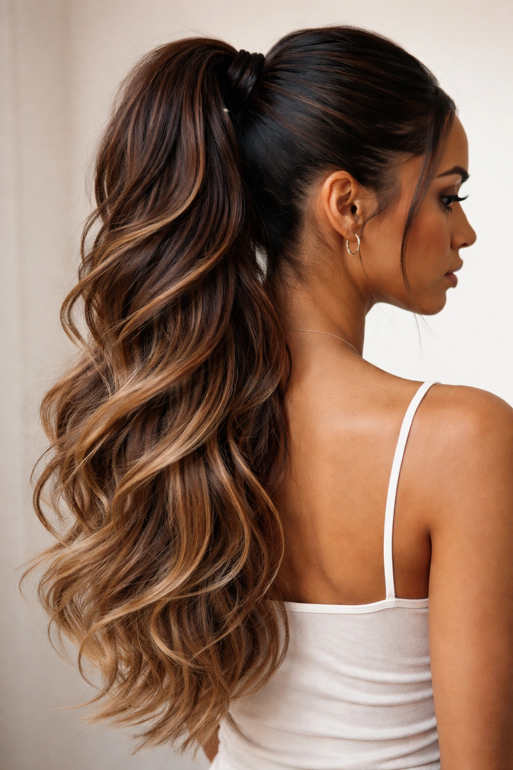 Layered weave ponytail showing multiple lengths and depth