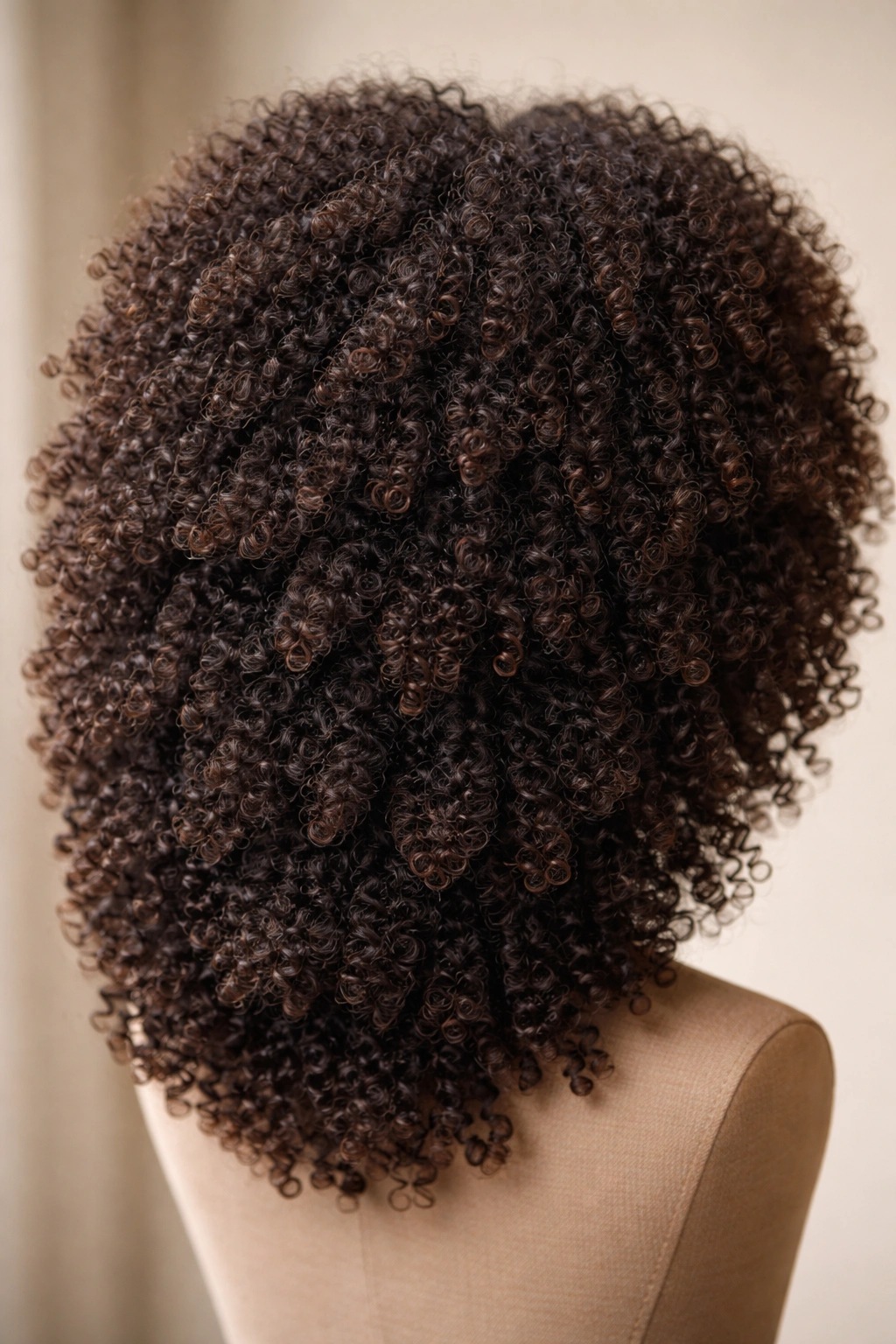 Close-up of layered afro wig showing graduated lengths and varied coils on a neutral backdrop