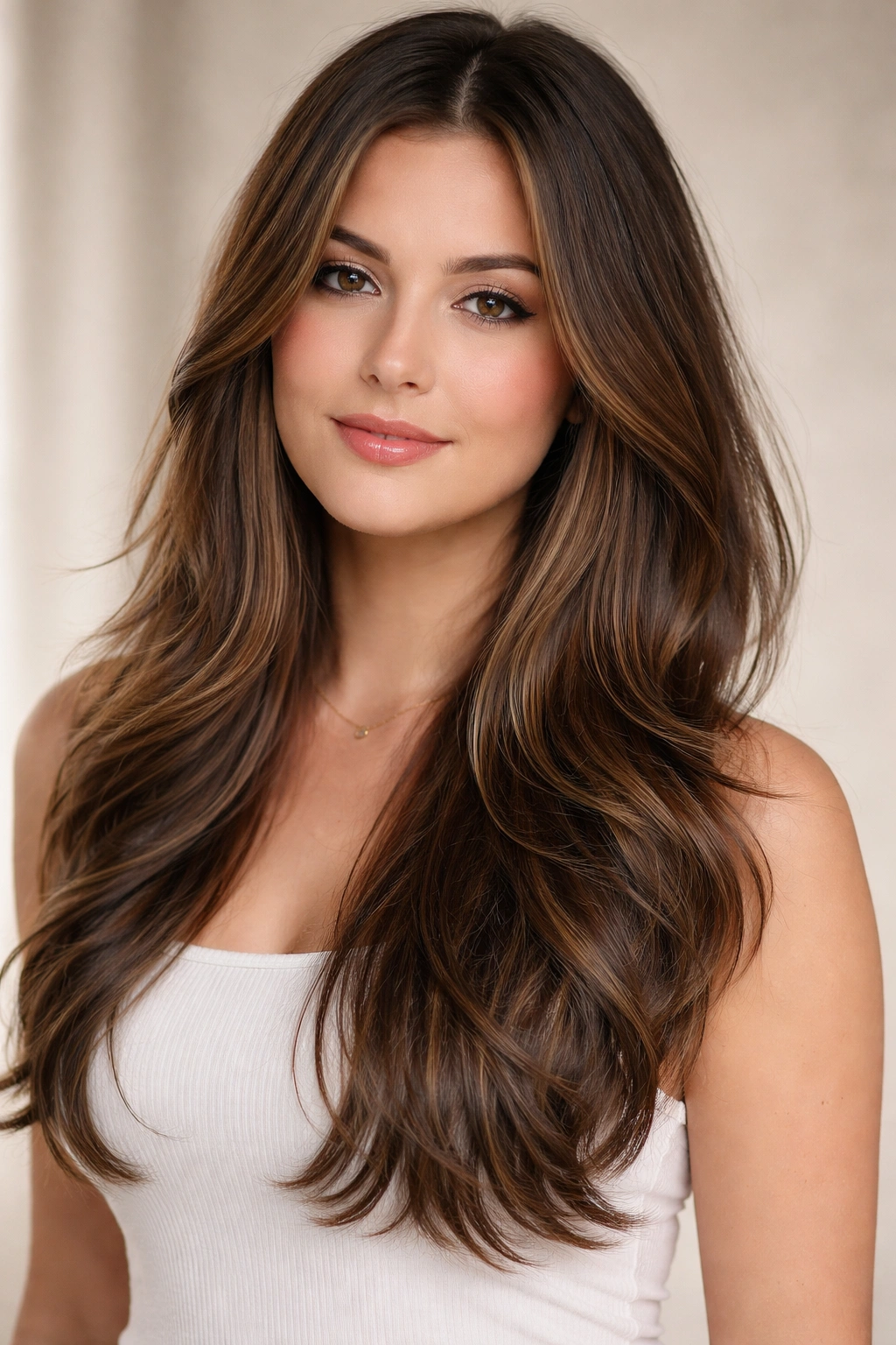 Long hair with layers starting below the shoulders and gentle lower movement