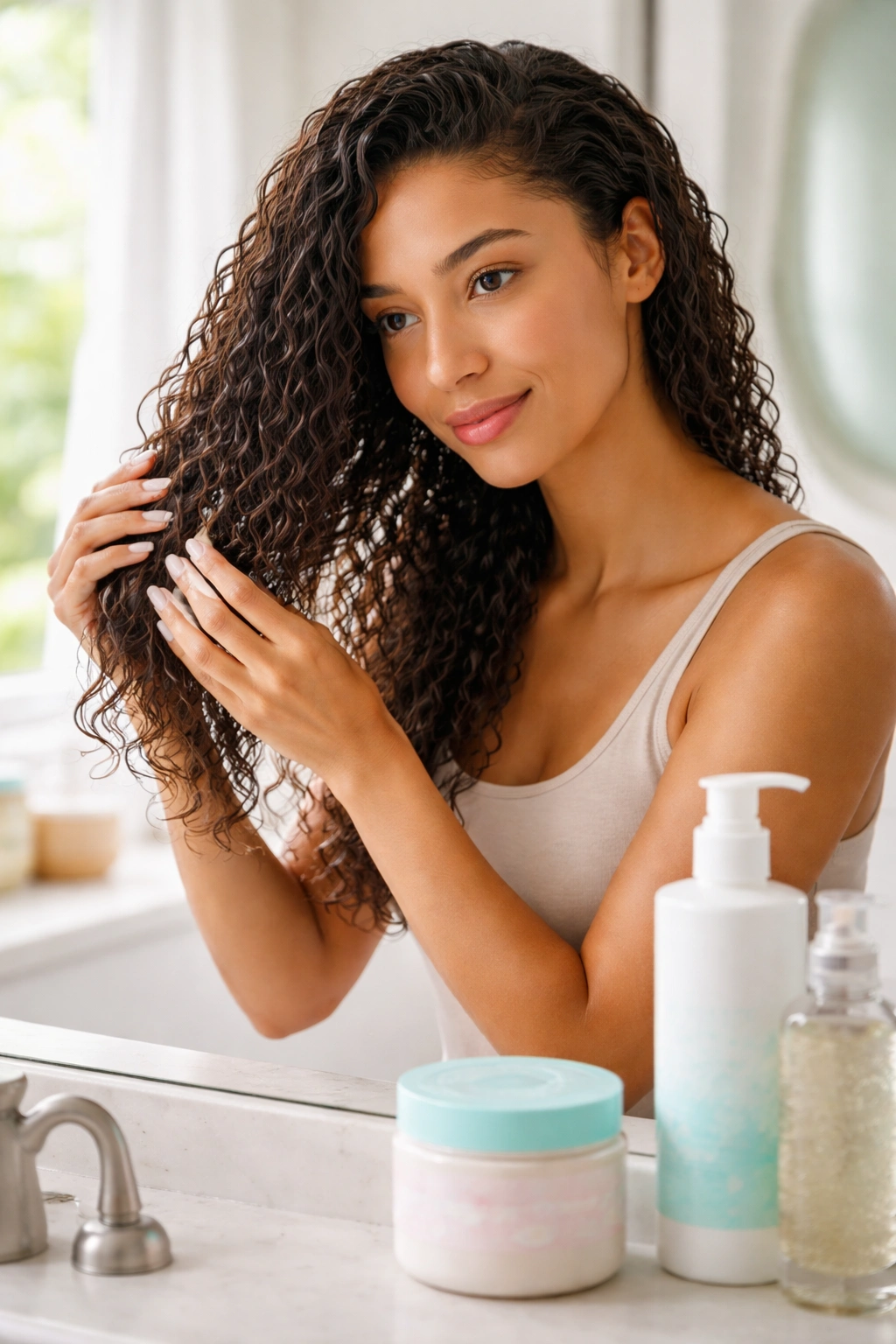 Hands applying leave-in conditioner to damp curly hair