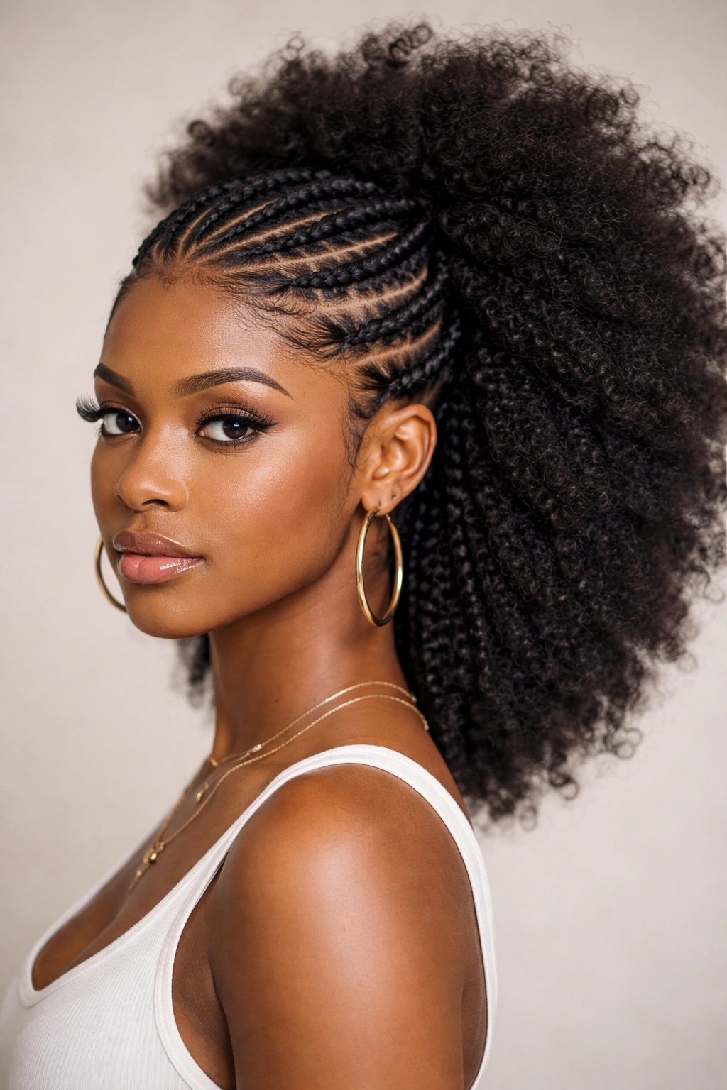 Lemonade braids along the front meeting a fluffy afro at the back.