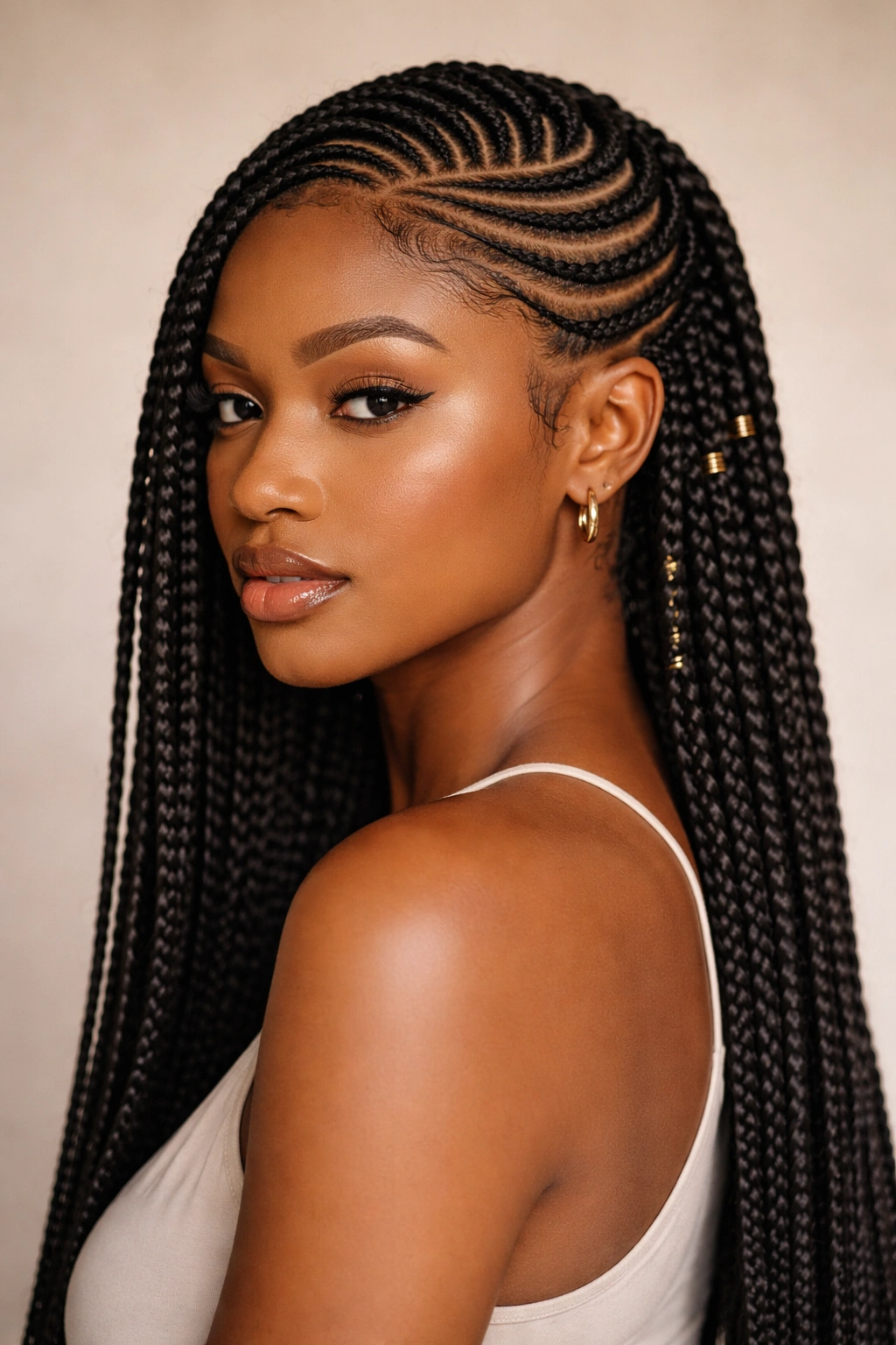 Close-up of lemonade braids curving along Afro-textured scalp