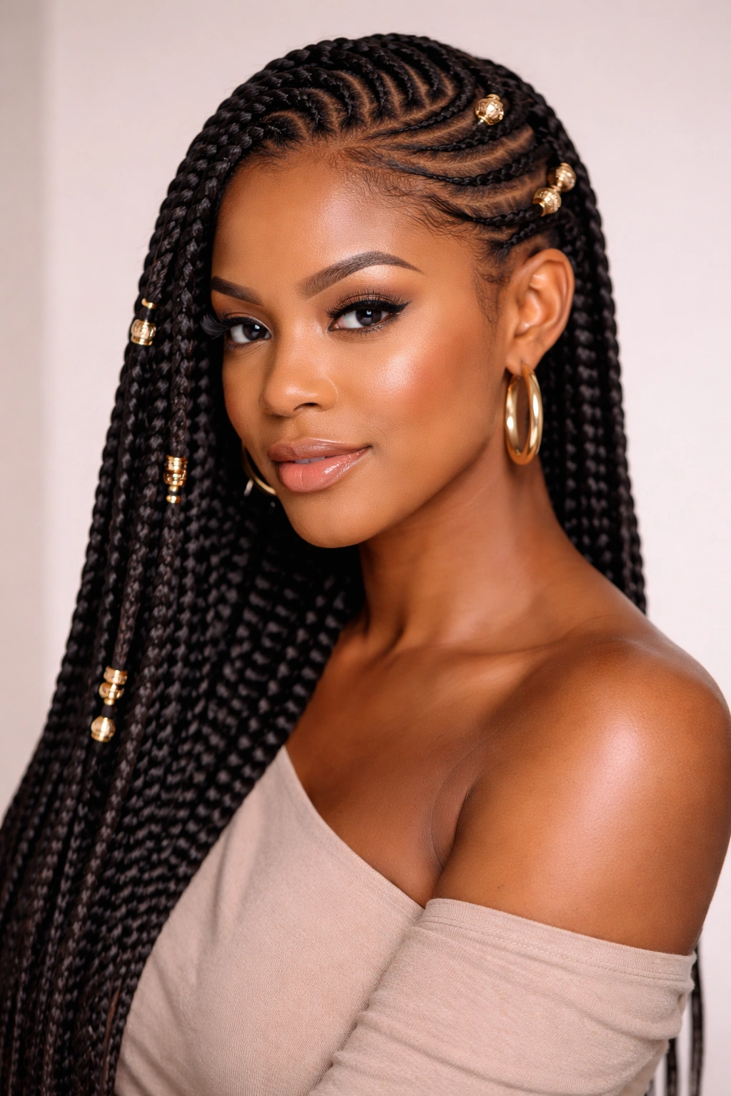 Lemonade braids with metallic cuffs on each side of the head
