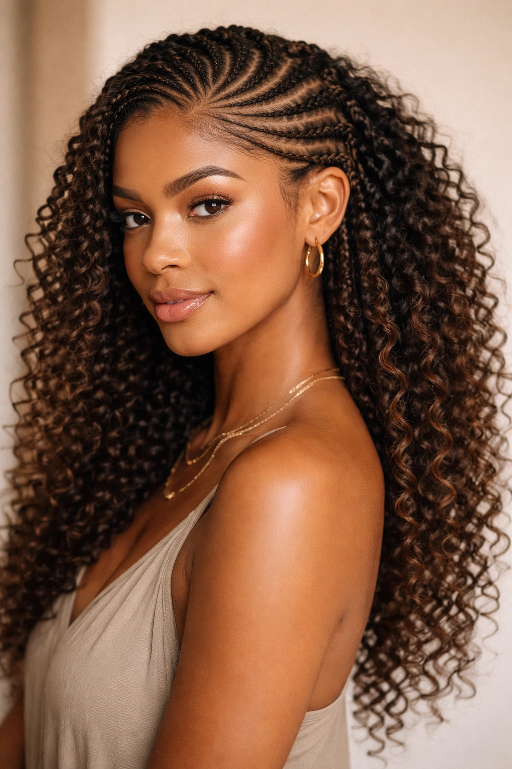 Diagonal lemonade braids on curly hair with textured curls