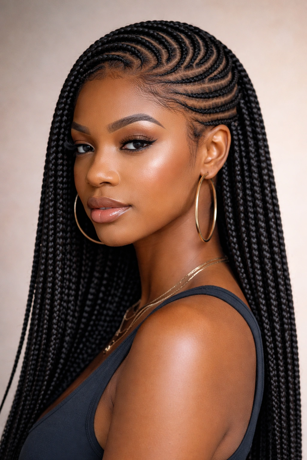 Close-up of lemonade braids curving across the scalp